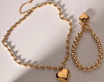 Large Puffed Heart Shape 18k Gold Plated Stainless Steel Bracelets or Necklace!