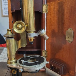 Brass Antique Microscope Bausch & Lomp Co. With Box , key and accessories!