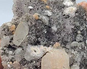 May include: A cluster of gray, white, and orange crystals. The crystals are arranged in a random pattern and are surrounded by a dark gray matrix.