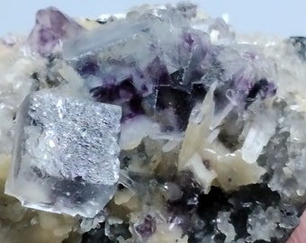 Purple Cubic Fluorite Crystal on Quartz Cluster !