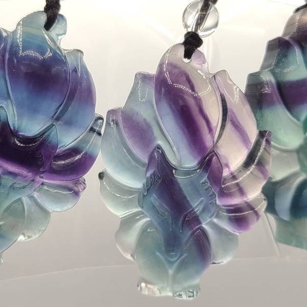 45mm, Top Rainbow Fluorite Nine Tailed Fox Necklace !