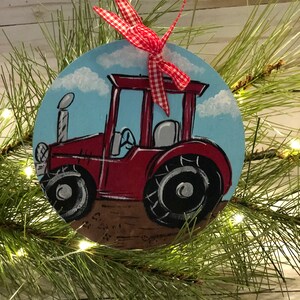 Personalized Tractor Christmas Ornament: Hand-Painted Wooden Baby Boy Gift