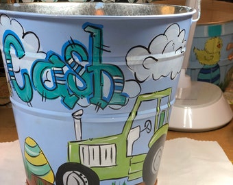 Personalized Painted Easter Bucket: Tractor Design