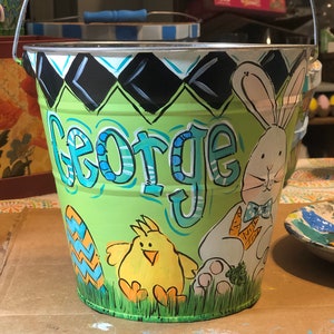 Personalized Painted Easter Bucket: Metal Easter Basket