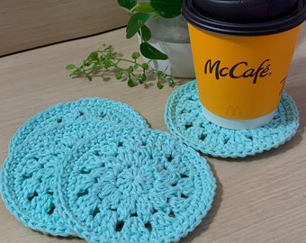 Set of 4 aqua blue crocheted coasters