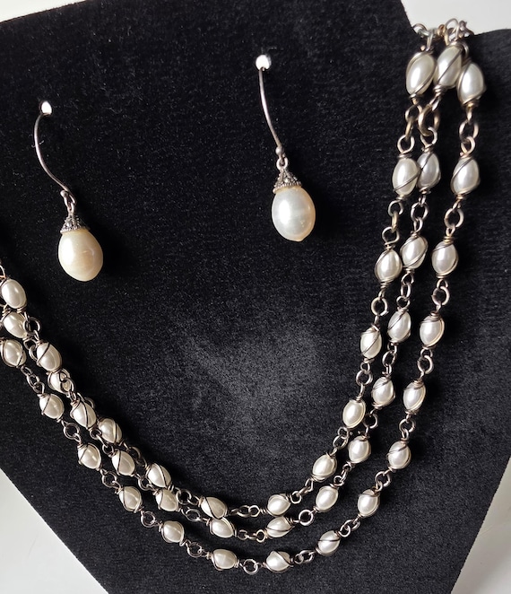Genuine Freshwater Pearl Silver Wire-Wrapped Necklace & Earrings Set – Handmade