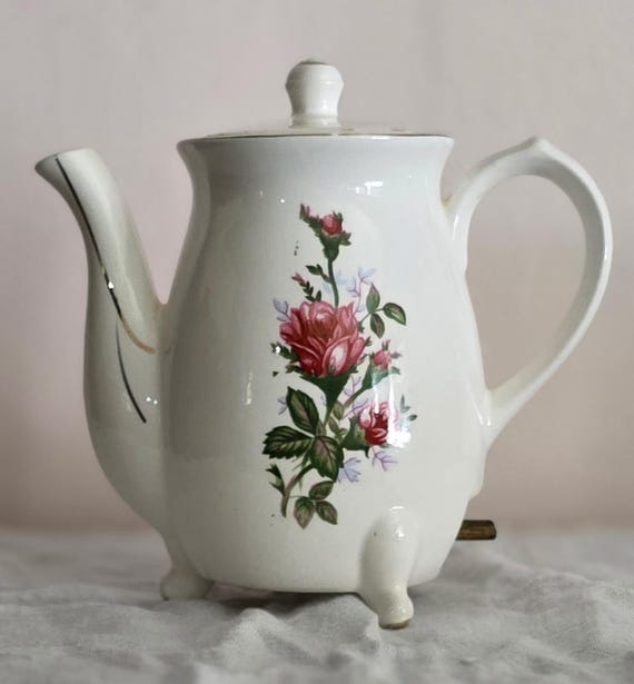 Vintage Minamiyama Seitosho Moss Rose Electric Teapot: Mid-Century Japan Display Kettle