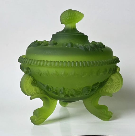 Westmoreland Glass – Shell & Seaweed pattern – Dolphin/Sea Serpent Footed Covered Dish