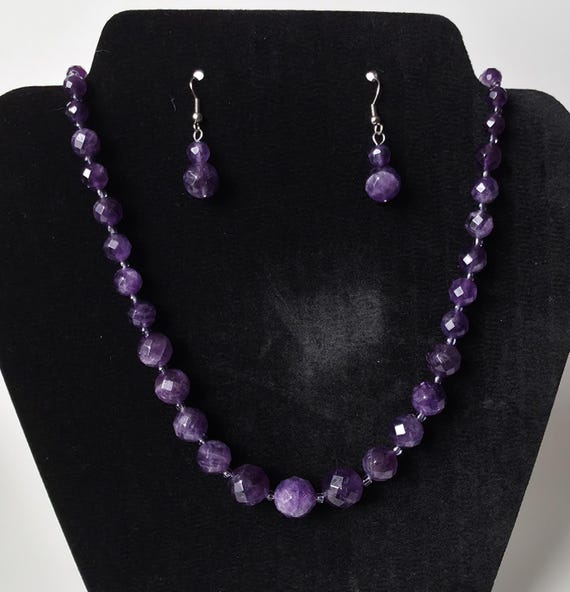 Handmade Graduated Amethyst Jewelry Set | Faceted Necklace and Earrings