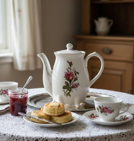 1950s Minamiyama Seitosho Moss Rose Electric Teapot: Mid-Century Japan Display Kettle