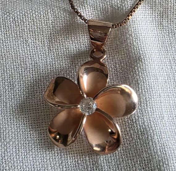 1960s Italian 925 Rose Gold Vermeil Box Chain Necklace- Enameled Flower Pendant