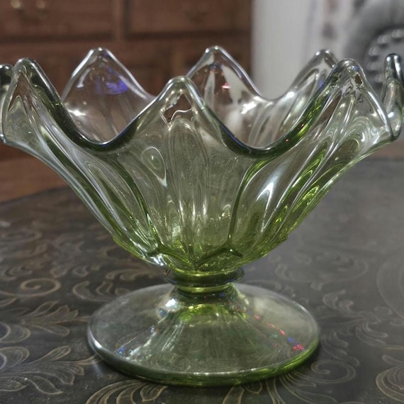 Vintage Westmoreland Green Glass Lotus Compote – UV Reactive, 1930s-40s Art Glass