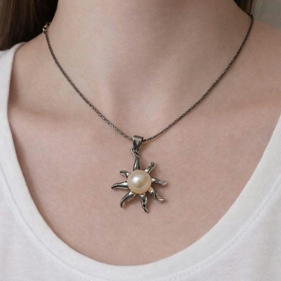 Vintage Pearl Sunburst Pendant Necklace – 18K White Gold RGP, 16.5” Chain