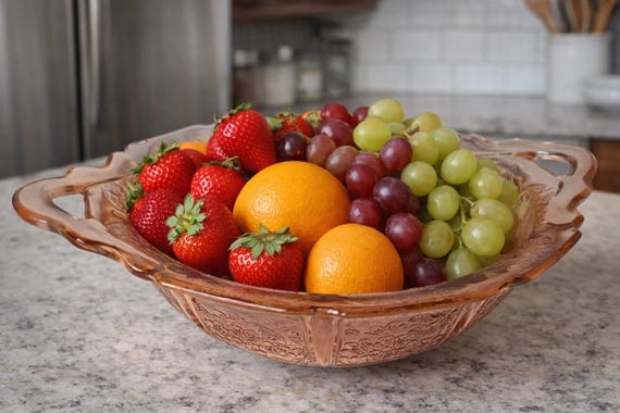 Pink Depression Glass Serving Bowl Jeannette 11” Handled Vintage 1930s Cherry Blossom Serving Bowl