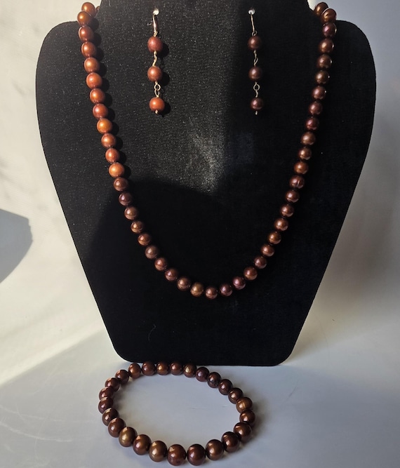 Chocolate/ Bronze Genuine Freshwater Pearl Jewelry Set | Real Pearl Necklace, Bracelet, and Earrings