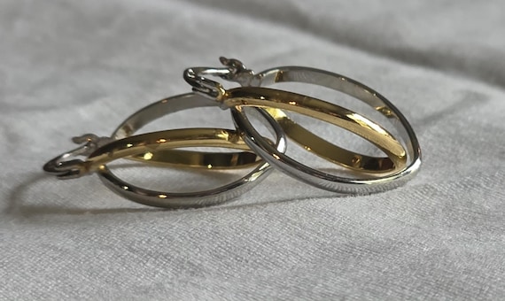 Crossover Hoop Earrings – 925 14K Vermeil, Elegant Retro 1980s Two- Toned