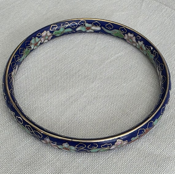 Floral Cloisonné Bangle – Cobalt Blue Hand Enameled Bracelet