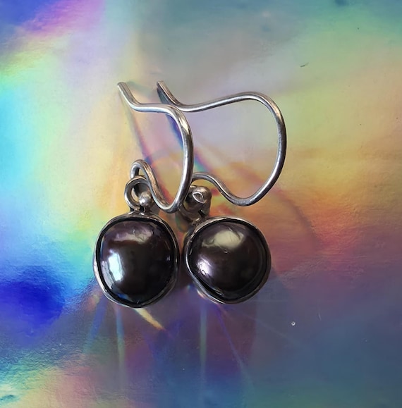 Handmade Sterling Silver Tahitian Button Pearl Earrings • Dark Peacock Luster