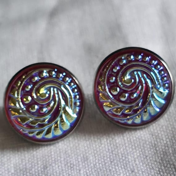Vintage 1950s Czech Carnival Glass Post- Style Earrings with backs– Iridescent Red Swirl Studs