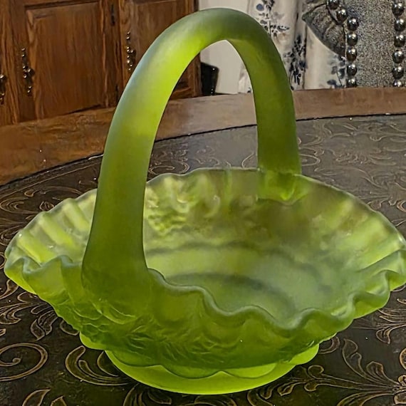 1930s Westmoreland "Old Quilt" Basket | Vintage Green Satin Glass Handled Basket