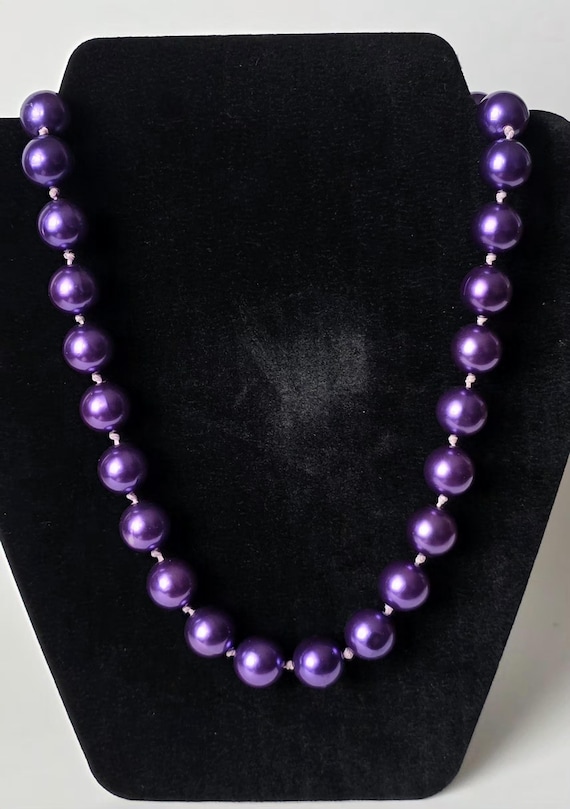 Vintage Purple Faux Pearl Necklace 19.5" • Knotted Beads • Mid Century Costume Jewelry