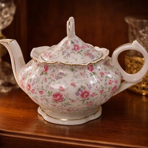 Vintage Lefton Musical Teapot • Pink Rose Chintz