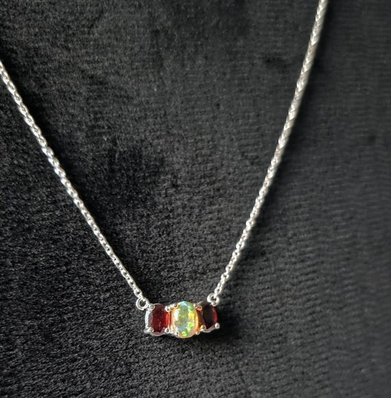 Ethiopian Opal & Garnet Necklace | Sterling Silver | Dainty Setting on 18" Chain