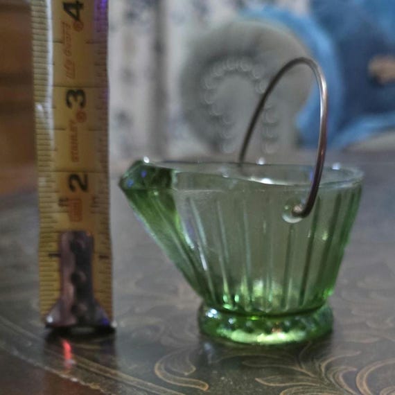 Antique Green Glass Mini Basket with Wire Handle | Manganese Glass | Small Decorative Dish | Unmarked