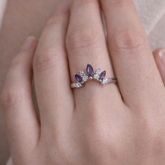 Amethyst Crown Ring • Sterling Silver • Moissanite Accent Band • Size 7 • Rhodium Plated