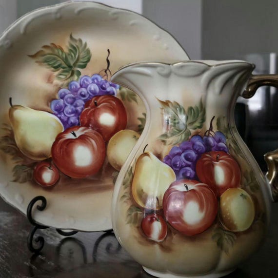 Hand-Painted Vintage Fruit Bowl & Pitcher Set | Gold Accent Handle | Cottagecore Kitchen Decor