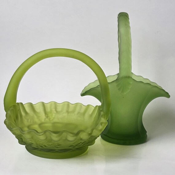 Lot of 2 Westmoreland Frosted Green Glass Baskets – Ruffled & Swing Handle