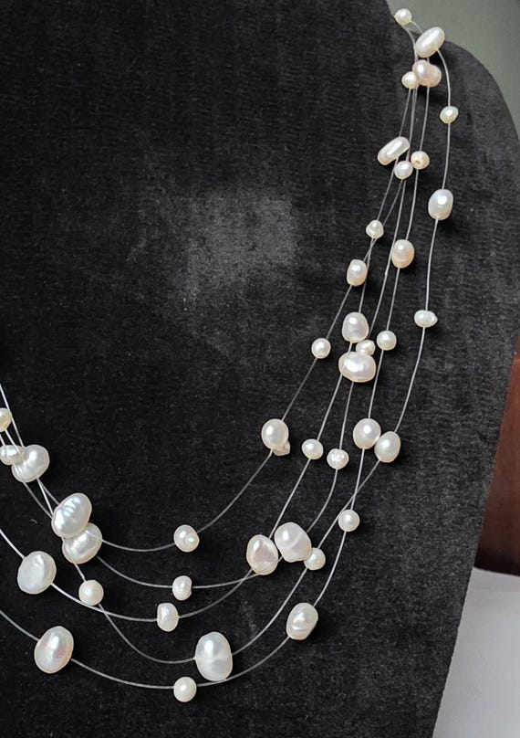 Genuine Freshwater Pearl Illusion Necklace 17"-18" Adjustable | Multi-Strand | Wedding & Formal