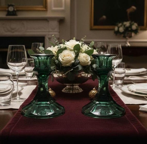 Vintage Emerald Green Glass Candle Holders - Mt. Vernon Style Pair