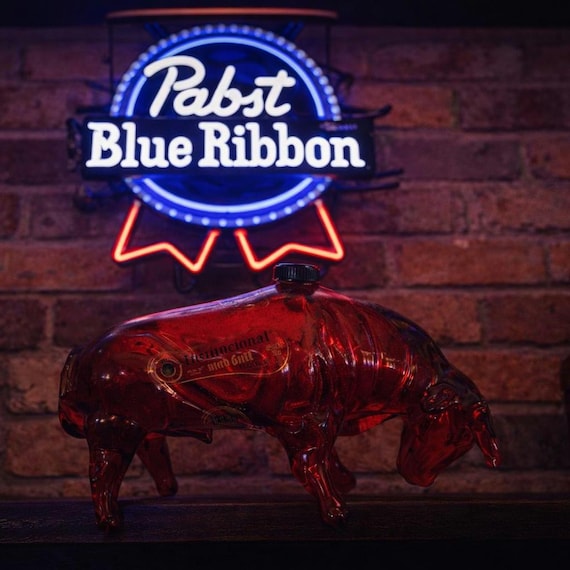 Red Glass Bull Decanter – Vintage Heavy Art Glass Tequila Bottle, Bar Decor Statement Piece