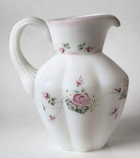 Signed D.G. McCormick 1970s Hand Painted Roses Fenton Satin Glass Creamer pitcher