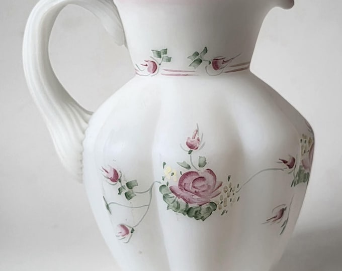 Featured listing image: Signed D.G. McCormick 1970s Hand Painted Roses Fenton Satin Glass Creamer pitcher