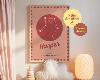 Lámina infantil: Arte personalizado de constelaciones del zodíaco de mediados de siglo (descarga digital)