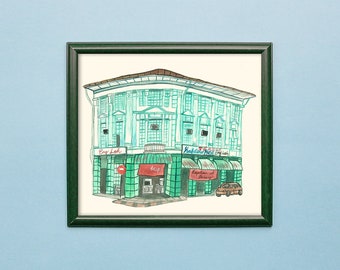 Eng Loh Kopitiam Penang Malaysian Shophouse, illustration print wall art asian. Watercolor paint art original. Dining Room Wall Decor Prints