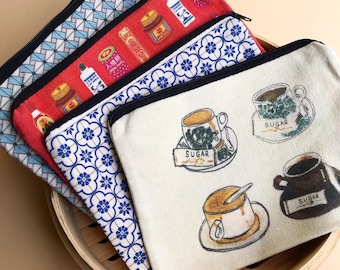 Malaysian & Singapore Art Canvas Pouch | Ointment Art Kopitiam Peranakan Tiles | Pencil Case Holder | Culture Art Asian | Zipper Pouch