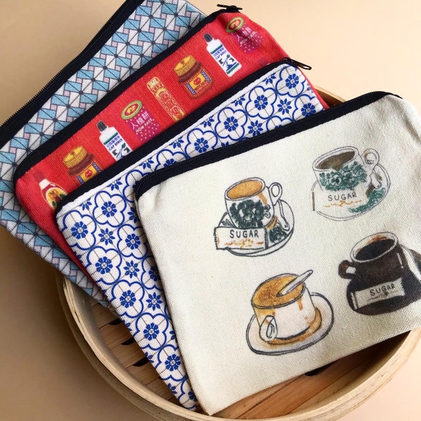 Malaysian & Singapore Art Canvas Pouch | Ointment Art Kopitiam Peranakan Tiles | Pencil Case Holder | Culture Art Asian | Zipper Pouch