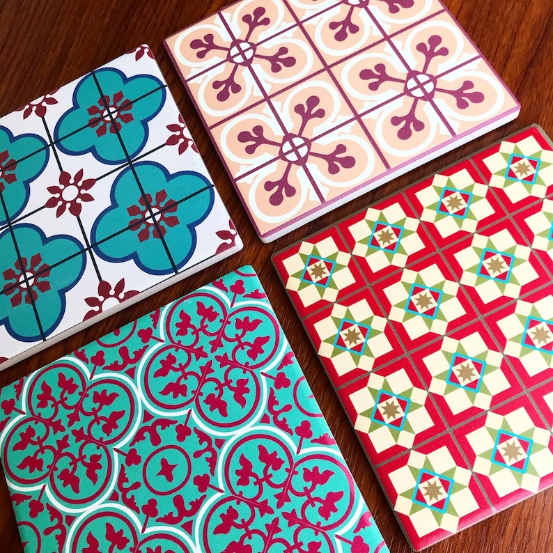 Peranakan Tiles Ceramic Coasters Set Set of 4 Drink Coasters Singapore & Malaysia Art Design Pattern Coaster Peranakan Patterns image 5