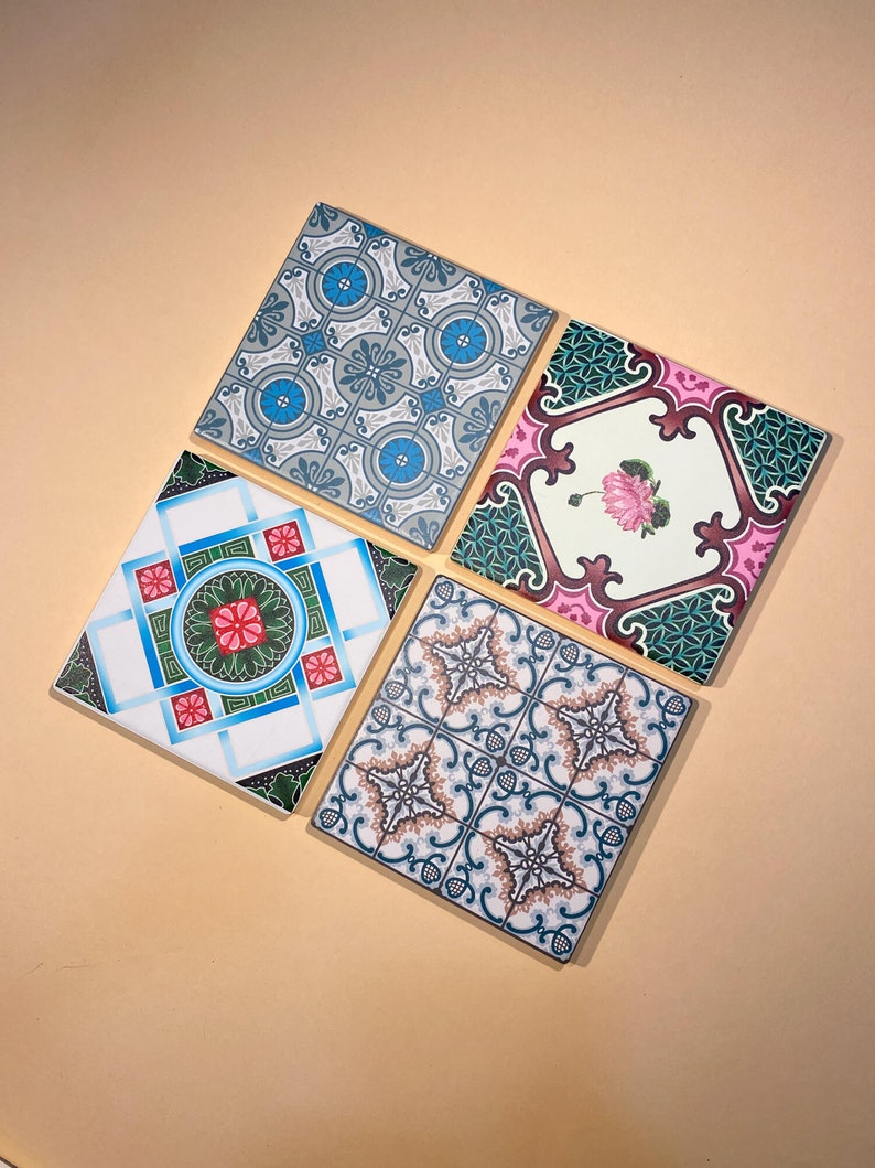Peranakan Tiles Ceramic Coasters Set Set of 4 Drink Coasters Singapore & Malaysia Art Design Pattern Coaster Peranakan Patterns Floral