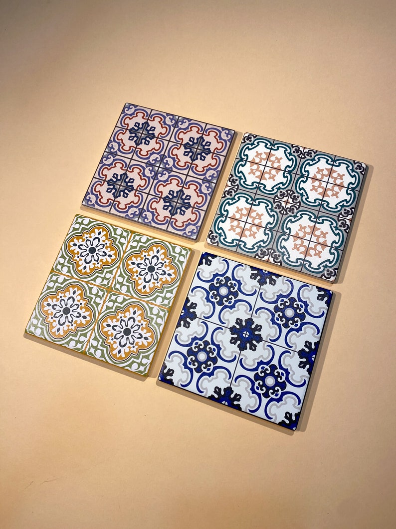 Peranakan Tiles Ceramic Coasters Set Set of 4 Drink Coasters Singapore & Malaysia Art Design Pattern Coaster Peranakan Patterns Earth