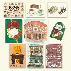 Postales de arte malayo set textura de papel A6, arte de acuarela original. Comida malaya, cafetería artística. Pared decorativa de Malasia para amigos.