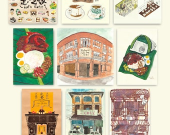 Malaysian Art Postcards Set A6 Paper Texture, Watercolor Art Original. Malaysian Food, Art Coffee shop. Malaysian Decor Wall For friends.