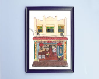Rong Mao Restaurant Malaysian Shophouse, illustration print wall art asian. Watercolor paint art original. Dining Room Wall Decor Prints.