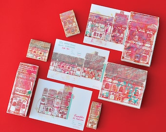 Foldable Postcards set art print A6 card paper texture. Asian watercolor paper architecture interactive card. Malaysian Old Shop houses Art.