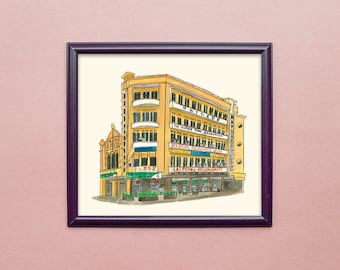 Lai Foong Restaurant Malaysian Shophouse, illustration print wall art asian. Watercolor paint art original. Dining Room Wall Decor Prints.