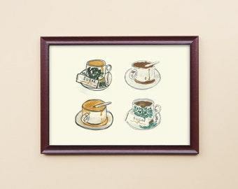 Malaysian Coffee Art, illustration print wall art, Asian art Singapore print. Watercolor paint art original. Dining Room Wall Decor Prints.