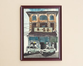 Malaysian Shophouse, illustration print wall art, asian art Singapore print. Watercolor paint art original. Dining Room Wall Decor Prints.